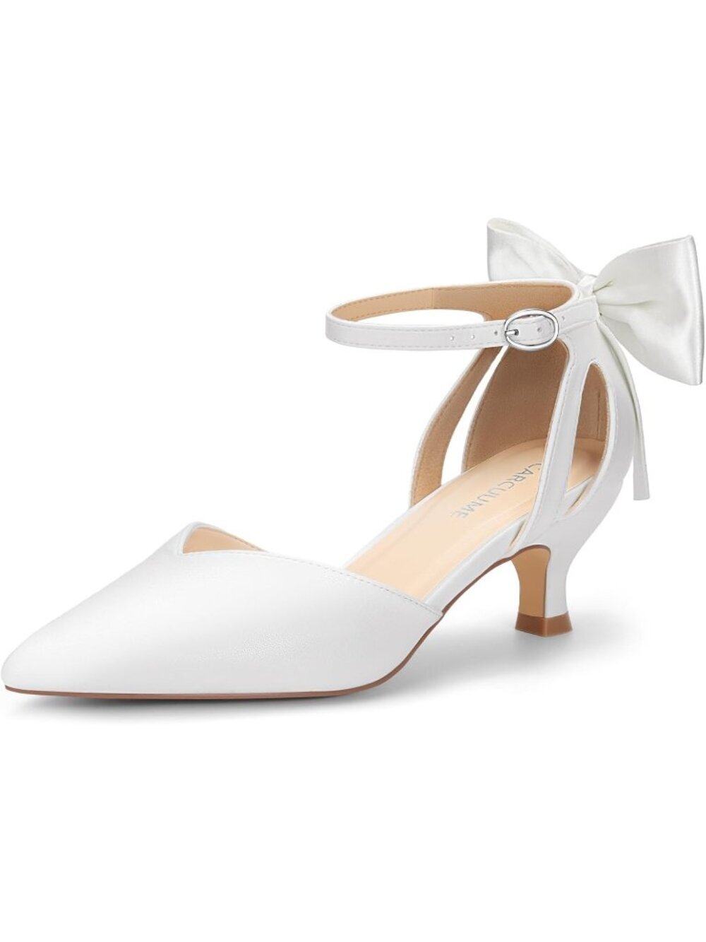 Women's White Stylish Kitten Heels with Bow Closed Toe Ankle Strap Wedding Pump